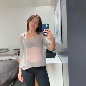 Sheer T-shirt with heather grey sleeves and accents Size: S